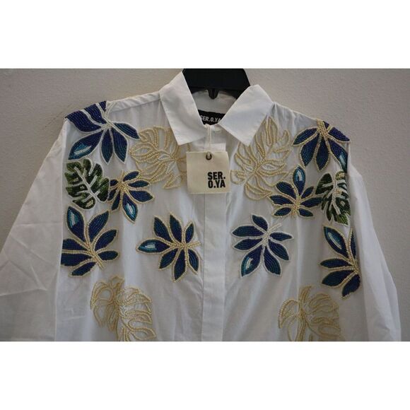 SER.O.YA Women Sz 2XS White Oversized Embellished Beaded Button-Up L/S Shirt - Picture 8 of 13